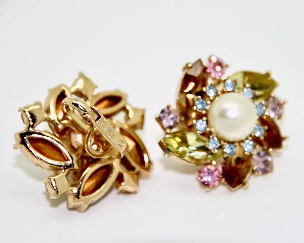 1950's Crown TRIFARI pastel chaton flower earrings