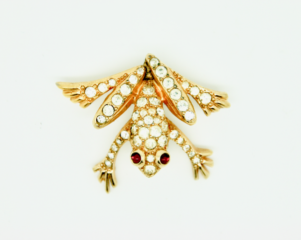 1960's JOMAZ rhinestone frog brooch with red eyes