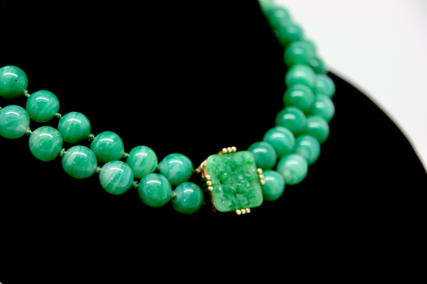 1960-70's PANETTA green peking glass double strand necklace set