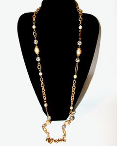 1980-90's LAWRENCE VRBA gold, baroque pearl and rhintestone ball long necklace