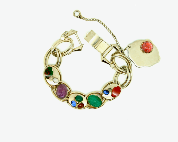 1950's KAFIN NY scarab art glass and semi precious stone link bracelet