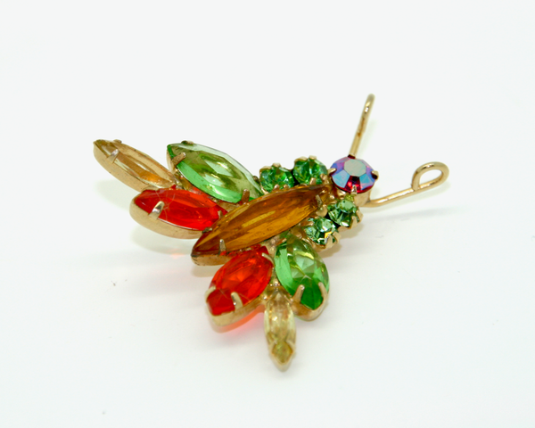 1960's JULIANA green topaz and orange crystal bug brooch