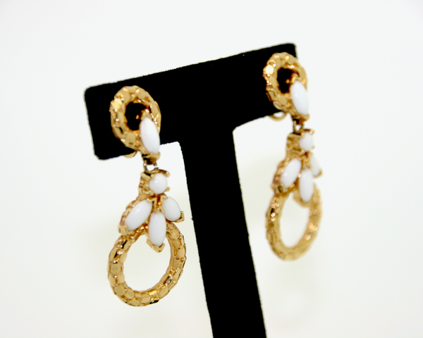 1960-70's PANETTA white milk glass marquis and gold drop earrings