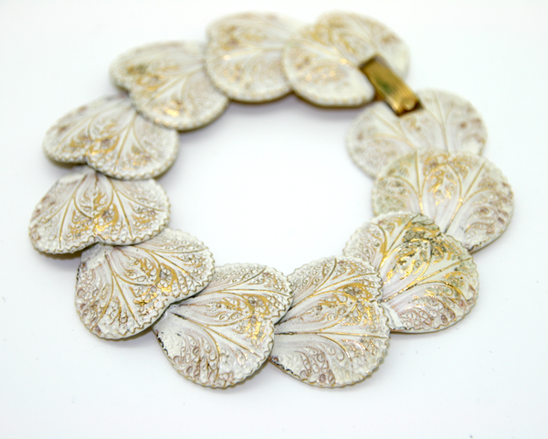 1950's ART white enamel heart shaped leaves bracelet