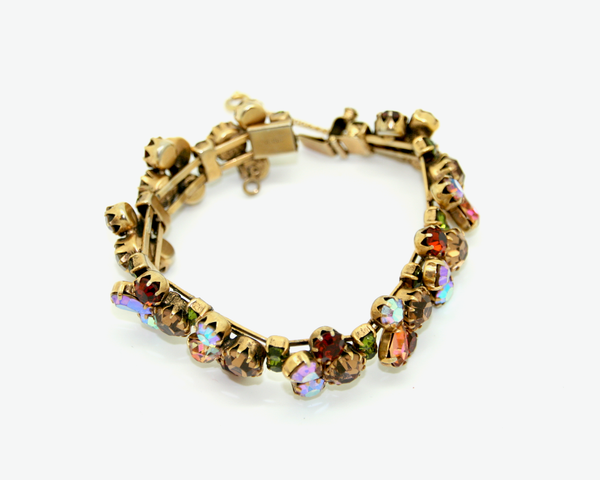 1950's WEISS peridot, topaz and apricot AB crystal rhinestone bracelet