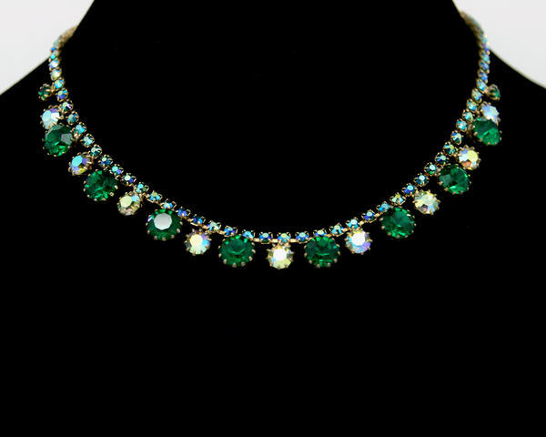 1950's WEISS green & AB rhinestones short necklace