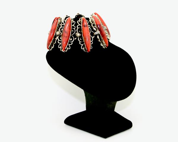 1950's SELRO Coral thermostat navette bracelet and earring set