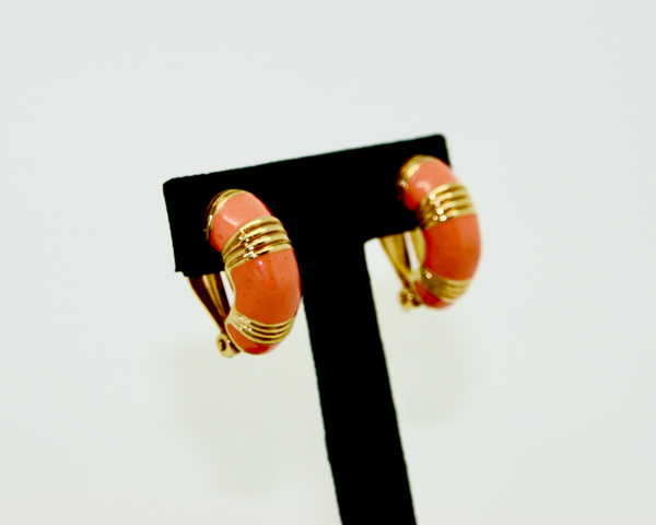 1980's-90's KJL coral enamel half hoop earrings