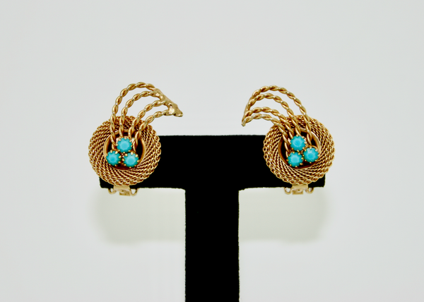 1960's HOBÉ gold mesh & turquois earrings