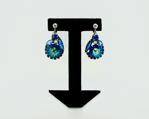 1960's Blue rivoli stone crystal drop earrings