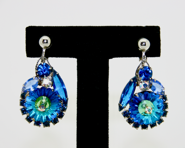 1960's Blue rivoli stone crystal drop earrings