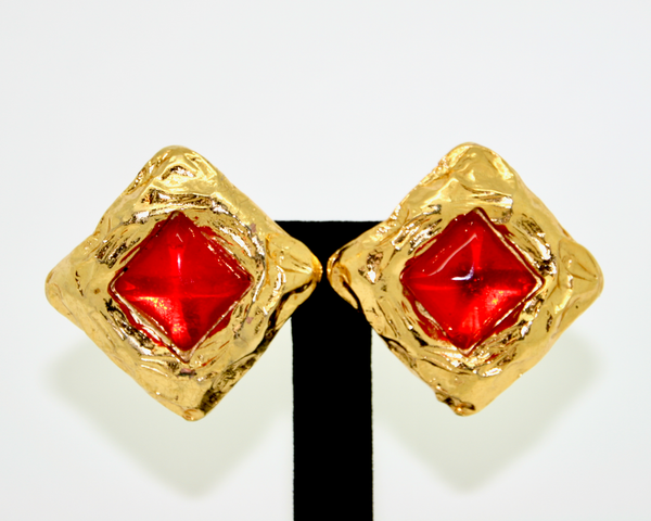 1980's EDOUARD RAMBAUD gold & red square earrings