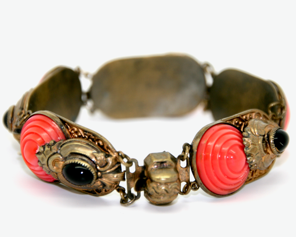 1920's coral and black glass brass panel bracelet