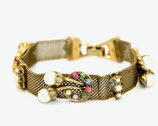 1950-60's Mesh and faux pearl with pastel rhinestones bracelet