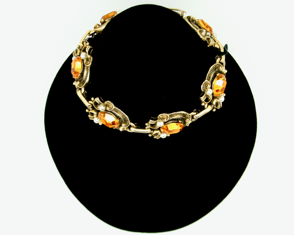 1950's JEWELCRAFT topaz crystal and pearl bracelet