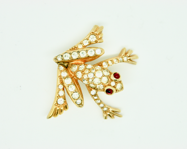 1960's JOMAZ rhinestone frog brooch with red eyes