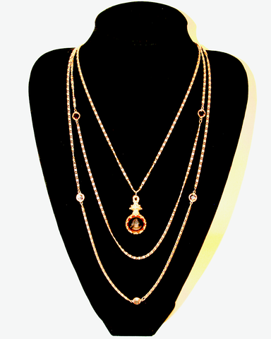 1950's GOLDETTE triple strand gold chain with bezel set smokey topaz crystal and intaglio