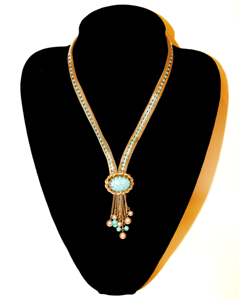 1960's unsigned Hobe gold Mesh and turquois drop necklace