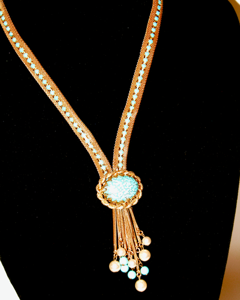 1960's unsigned Hobe gold Mesh and turquois drop necklace