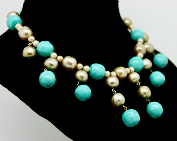 1950's MIRIAM HASKELL turquoise and baroque pearl bib
