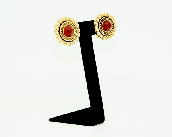 1960s-70's CINER faux carnelian cabochon and gold etruscan earrings