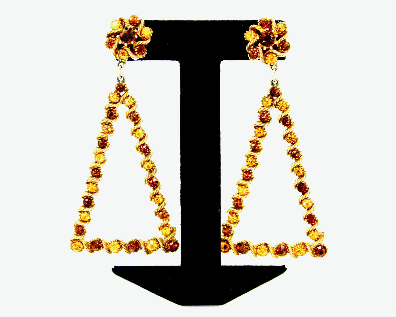 1960-70's ART Amber and topaz rhinestone dangling triangle earrings