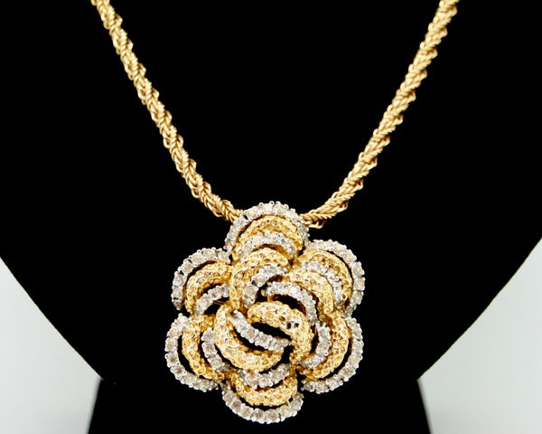 1960-70's PANETTA gold and rhinestone layered brutalist flower brooch/pendant