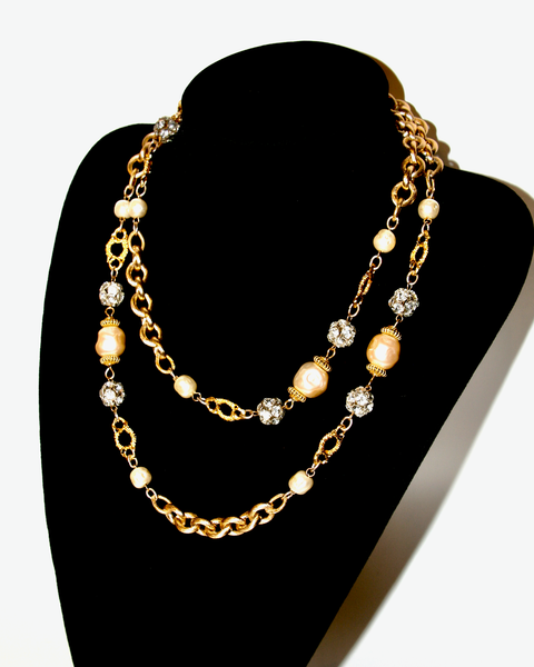 1980-90's LAWRENCE VRBA gold, baroque pearl and rhintestone ball long necklace