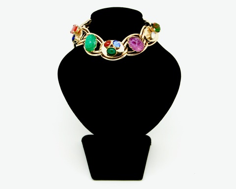 1950's KAFIN NY scarab art glass and semi precious stone link bracelet