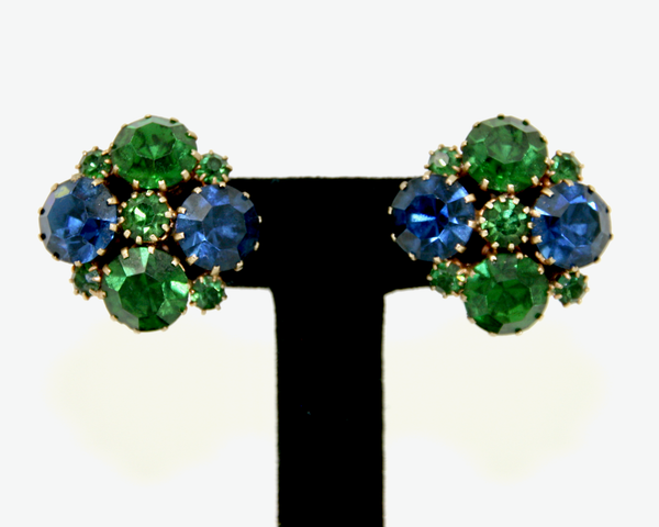 1950's KARU ARKE blue and green crystal rhinestone brooch and earrings SET