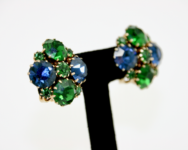 1950's KARU ARKE blue and green crystal rhinestone brooch and earrings SET