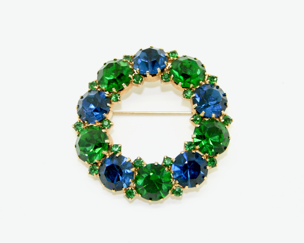 1950's KARU ARKE blue and green crystal rhinestone brooch and earrings SET