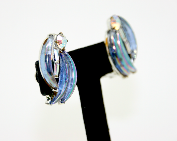 1950's KRAMER blue aurora borealis and silver earrings