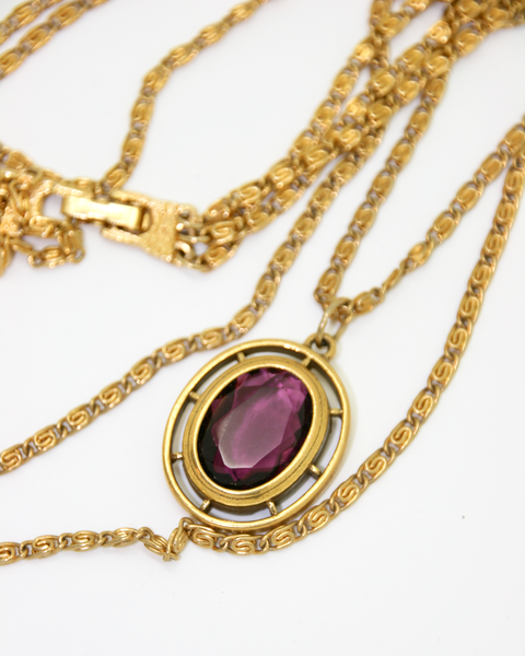 1950's GOLDETTE triple strand chain with amethyst crystal pendant
