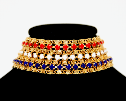 1960's HOBÈ red, white and blue, gold chain bracelet