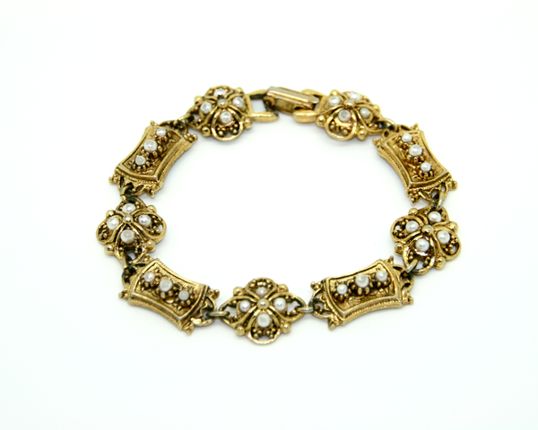 1950's ART victorian revival seed pearl and gold panel bracelet