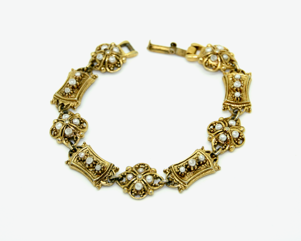 1950's ART victorian revival seed pearl and gold panel bracelet