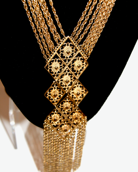1950's GOLDETTE antique gold multi chain long fringe pendant
