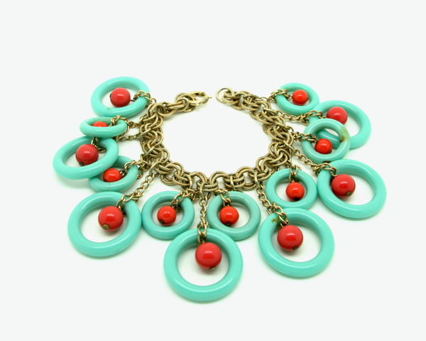 1950's rare NAPIER turquoise and coral lucite dangle charm bracelet