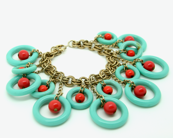 1950's rare NAPIER turquoise and coral lucite dangle charm bracelet