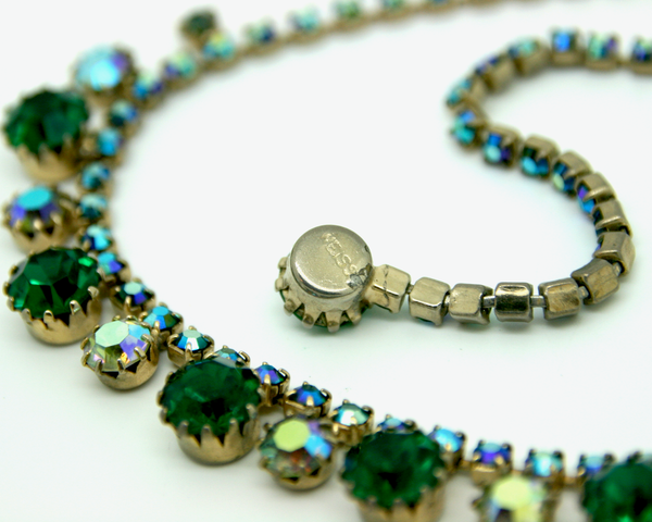1950's WEISS green & AB rhinestones short necklace