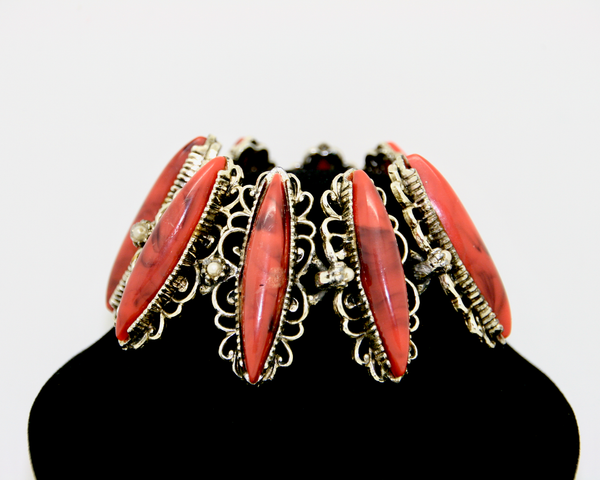1950's SELRO Coral thermostat navette bracelet and earring set