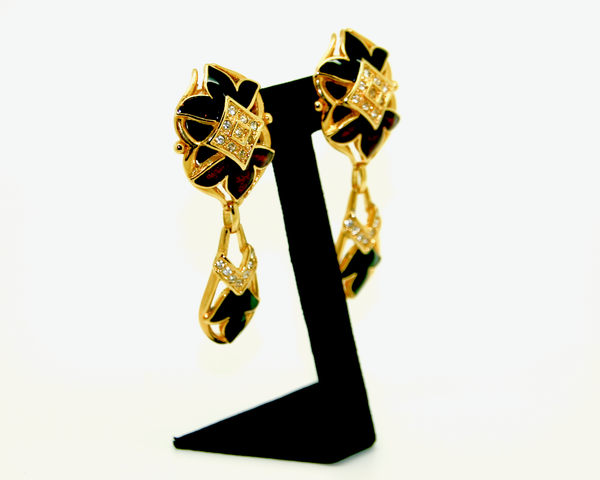 1980's LeRitz black and red enamel drop earrings