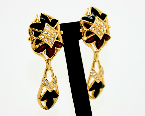 1980's LeRitz black and red enamel drop earrings