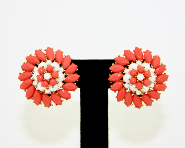 1950's Crown TRIFARI coral and pearl dome earrings