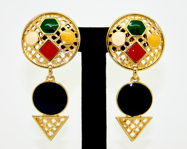 1980's LeRitz multi colour enamel triangle drop earrings