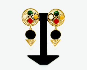 1980's LeRitz multi colour enamel triangle drop earrings